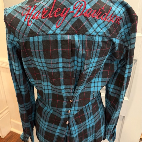 Harley Davidson Motorcycles Embroidered Logo Snap Button Back Flannel Sz M - Picture 4 of 14